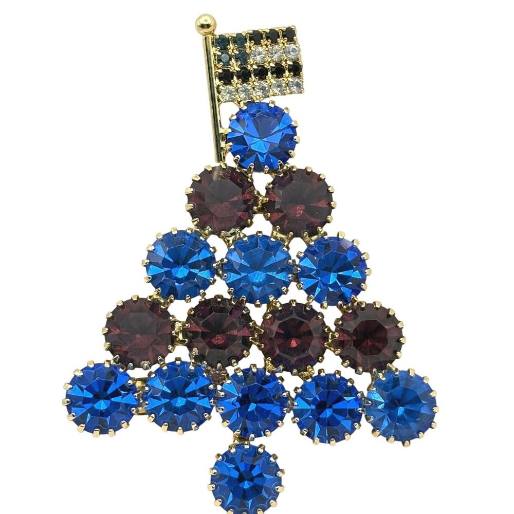 Attruia Patriotic Christmas Tree Brooch Blue Red Crystal American Flag Topper
